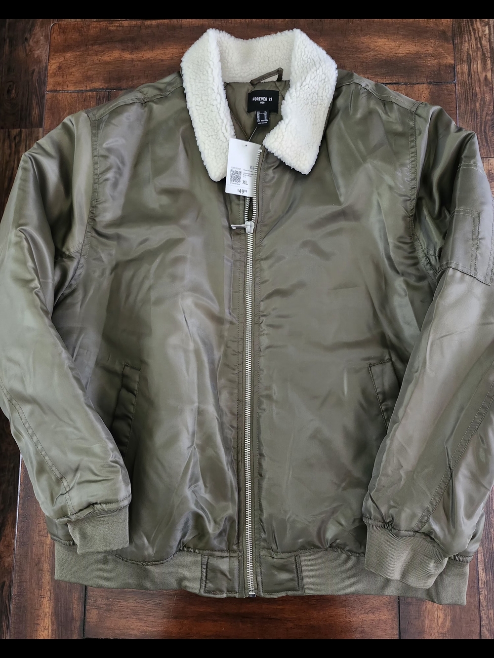 Men’s Olive Bomber Jacket with White Sherpa Collar